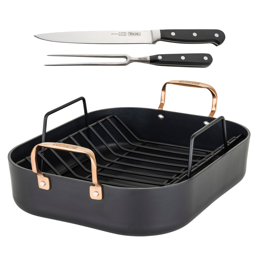 Viking Hard Anodized Roasting Pan with Copper Handles, A Rack and Bonus Carving Set - Multicolor_0
