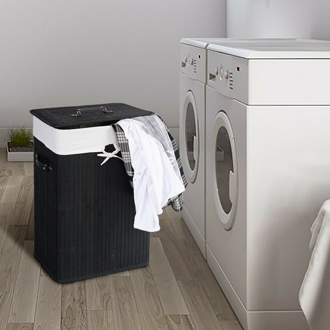 Costway Rectangle Bamboo Hamper Laundry Basket Washing Cloth Bin Rangier Lid Black - Black/White_1