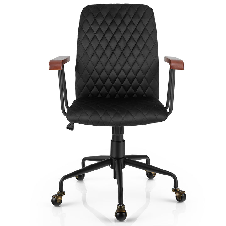 Costway - Velvet Home Office Chair Swivel Adjustable Task Chair with Wooden Armrest - Black_9