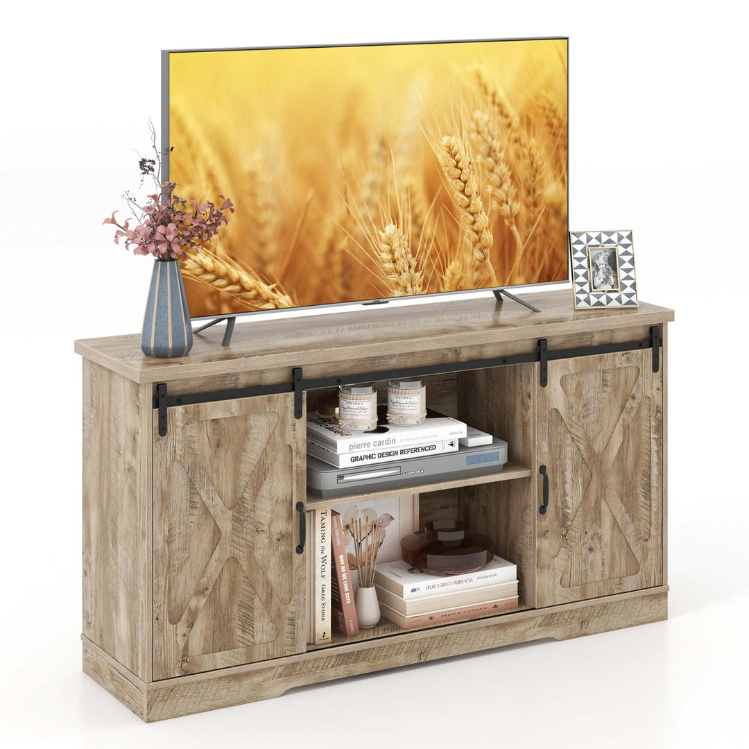 Costway - TV Stand Farmhouse Cabinet Sliding Barn Door Adjustable Shelves for TV up to 65'' - Gray Oak_0