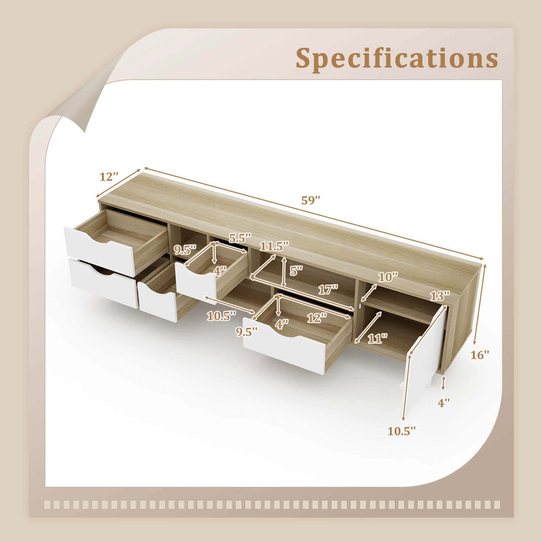 Costway - TV Stand for TVs up to 65" with Storage 5 Drawers & 3 Open Shelves for Bedroom - Oak_2