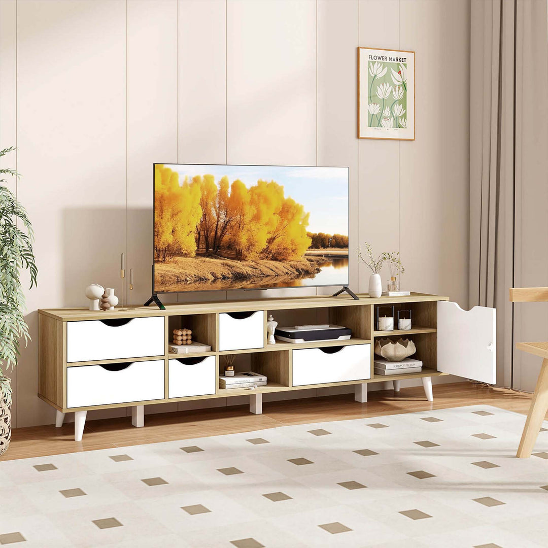 Costway - TV Stand for TVs up to 65" with Storage 5 Drawers & 3 Open Shelves for Bedroom - Oak_3