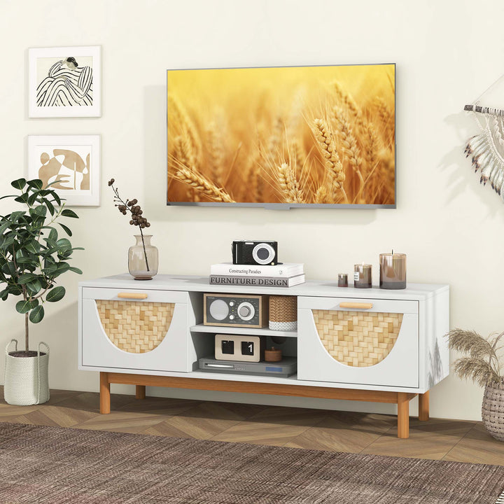 Costway - TV Stand for 55-Inch TVs with 2 Drawers & Bamboo Woven Fronts Solid Wood Legs White - White/Natural_4