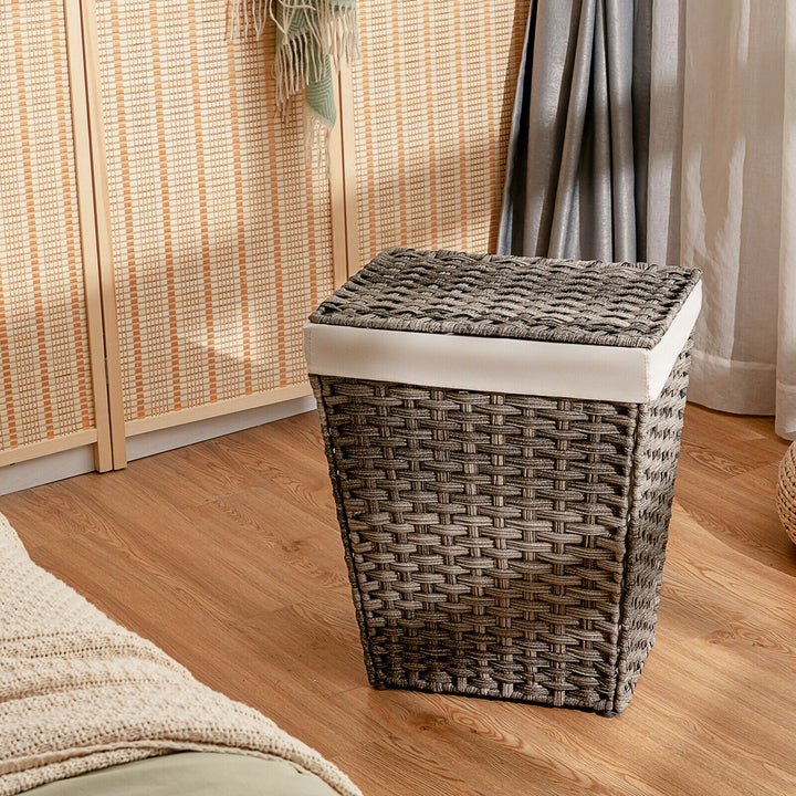 Costway Handwoven Laundry Hamper Foldable w/Removable Liner, Lid & Handles Grey - Grey_2