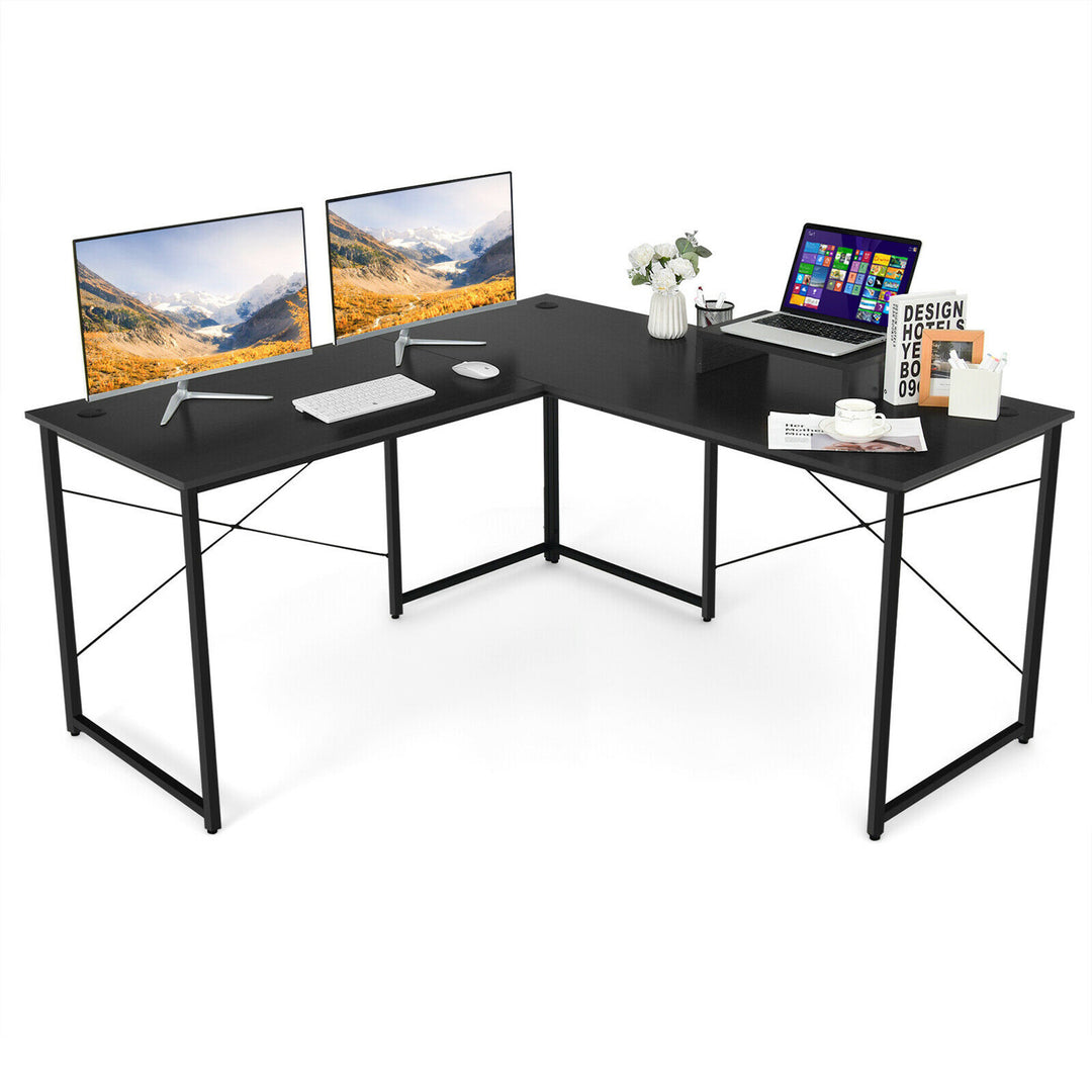 Costway - L-Shaped Reversible Computer Desk 2-Person Long Table with Monitor Stand - Black_0