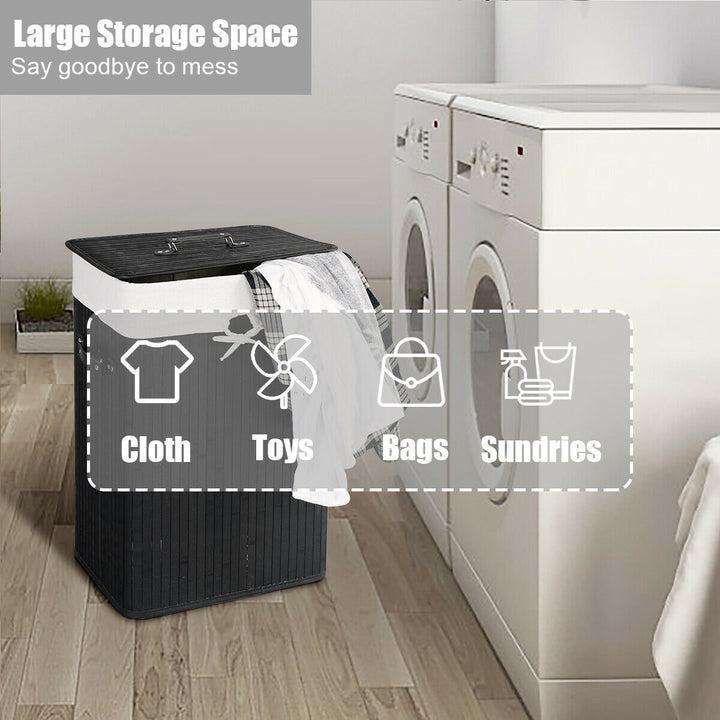 Costway Rectangle Bamboo Hamper Laundry Basket Washing Cloth Bin Rangier Lid Black - Black/White_5