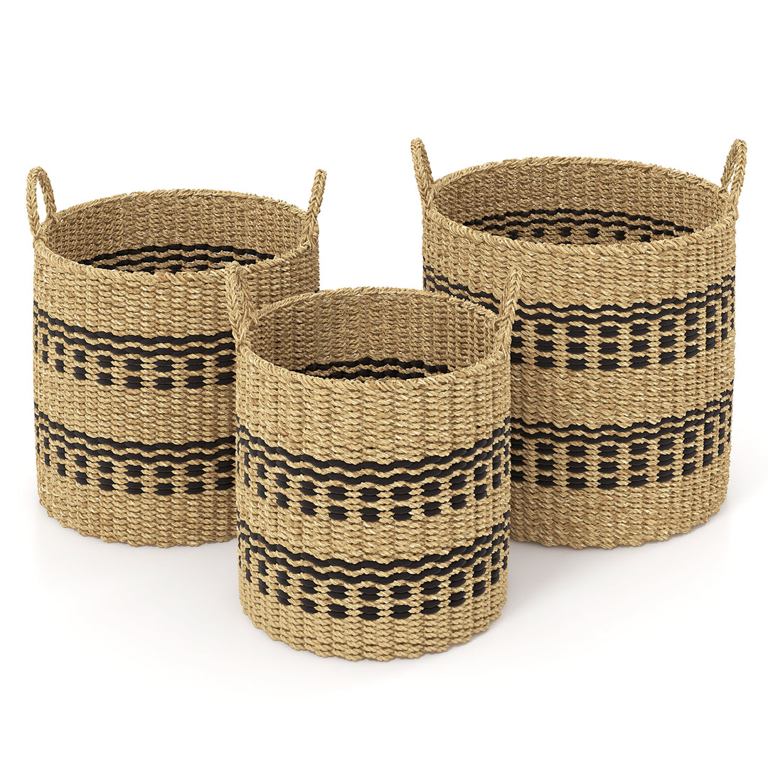 Costway Seagrass Basket Set of 3 Stackable Storage Bins w/ Handles Home Organizers - Natural_0