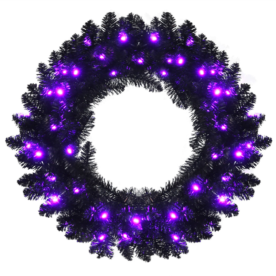 Costway - 24inch Pre-lit Christmas Halloween Wreath w/ 35 Purple LED Lights - Black_0