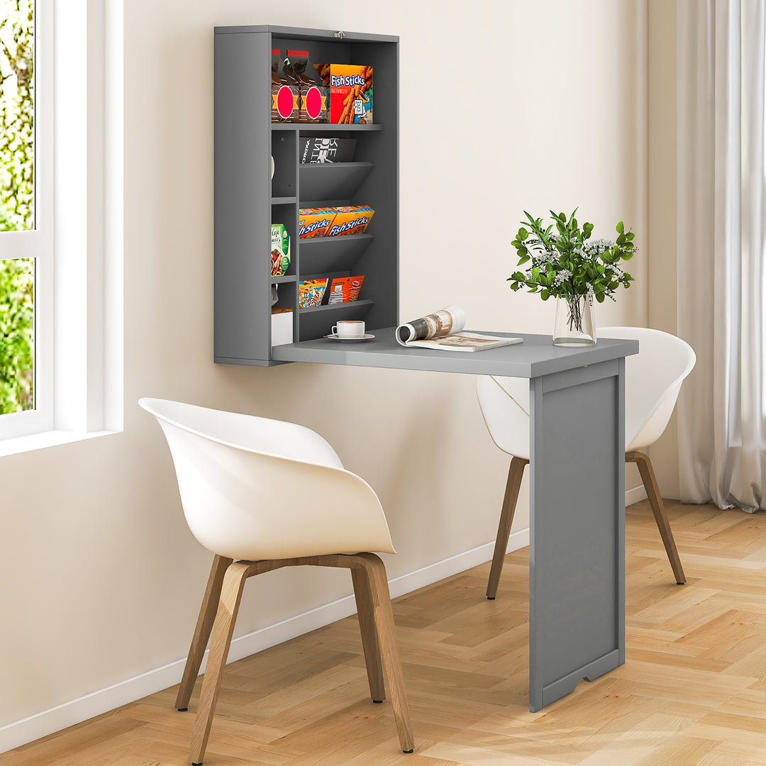 Costway - Wall Mounted Computer Convertible Desk Floating Desk with Storage Bookcases - Gray_3