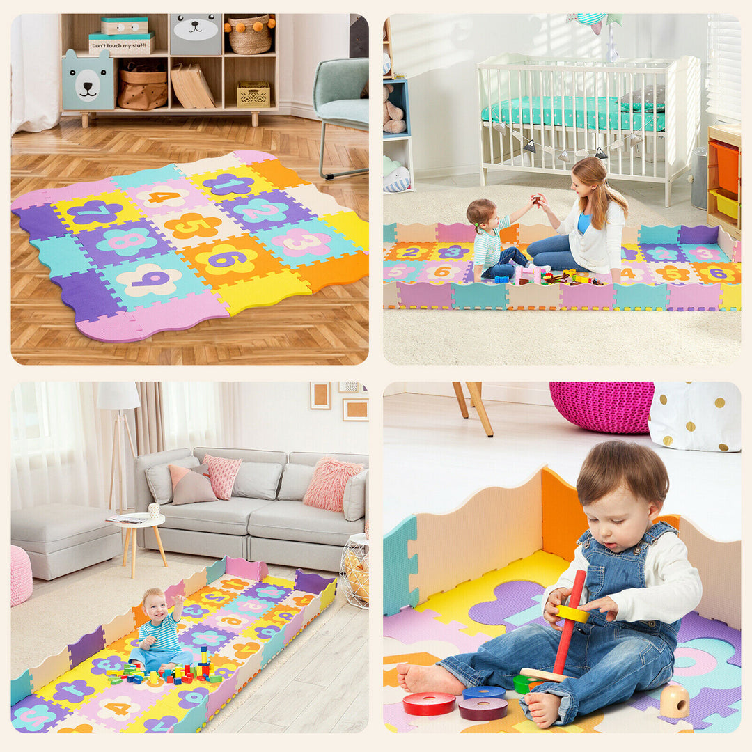 Costway 75 Pieces Baby Foam Interlocking Play Mat w/ Fence w/Detachable Numbers - Multi-Color_5