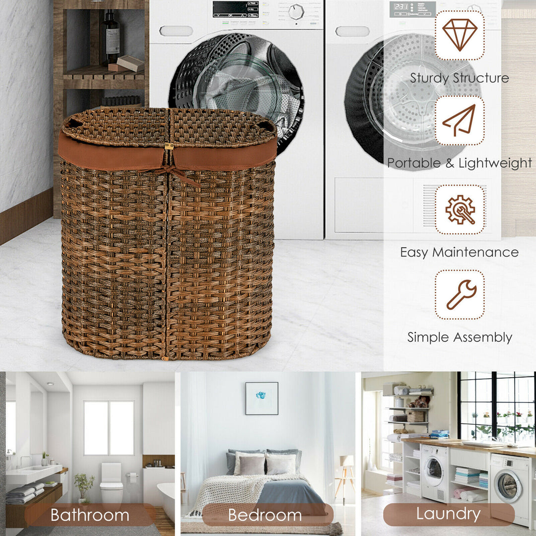 Costway Handwoven Laundry Hamper Laundry Basket w/2 Removable Liner Bags Brown - Brown_3