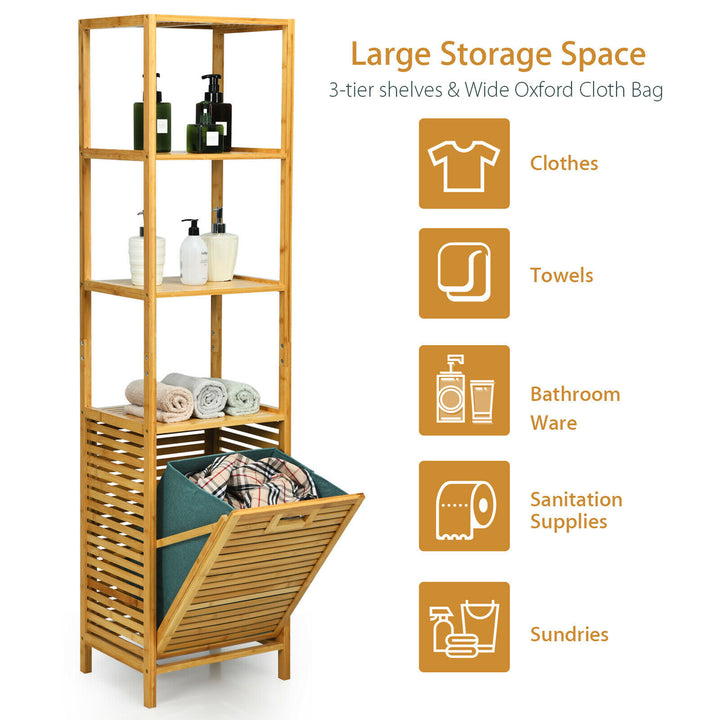 Costway Bathroom Tilt-out Laundry Hamper Bamboo Tower Hamper w/3-Tier Shelves - Natural Color_4