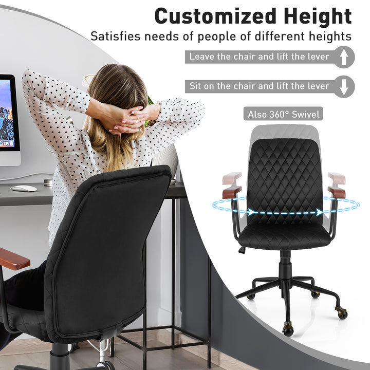 Costway - Velvet Home Office Chair Swivel Adjustable Task Chair with Wooden Armrest - Black_6