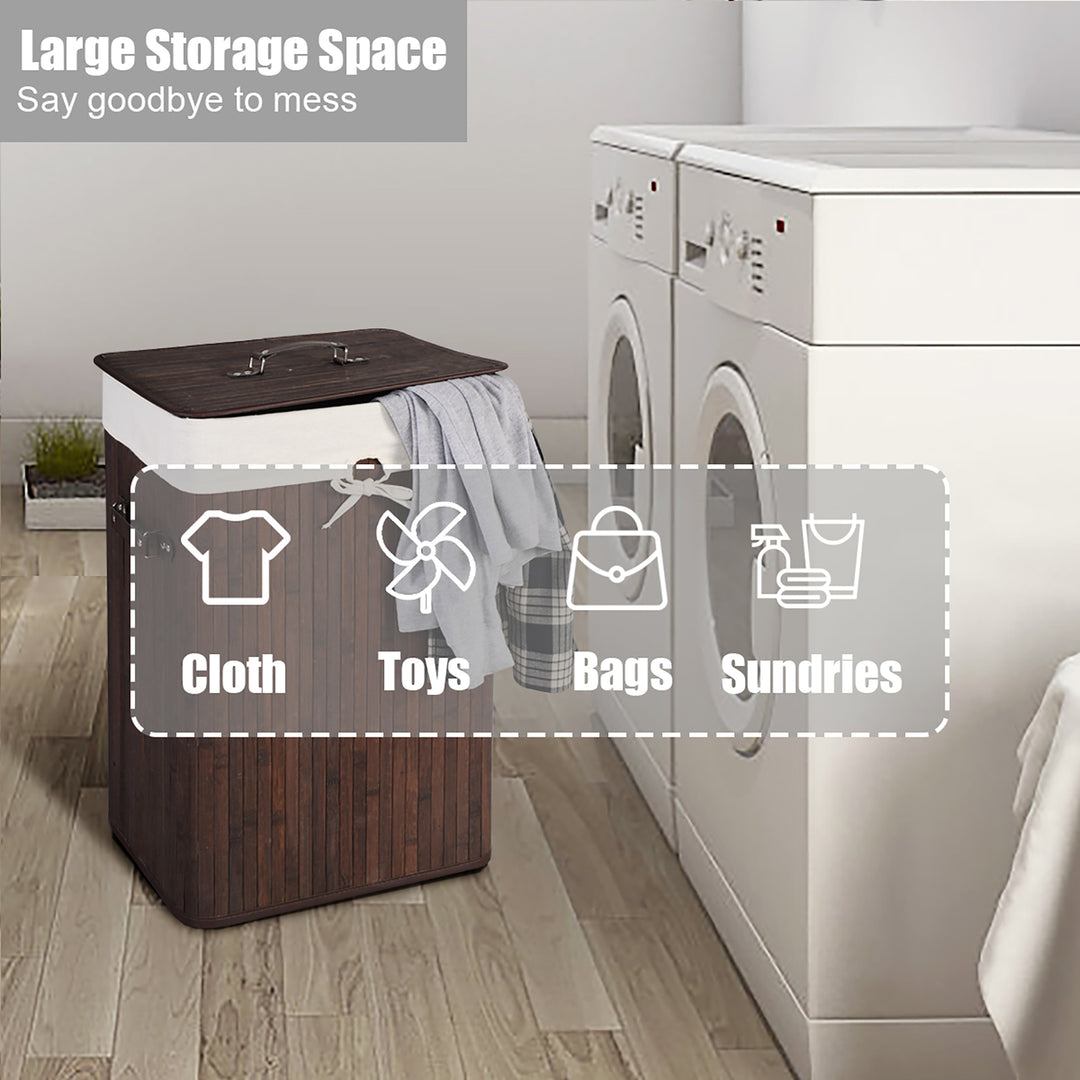 Costway Rectangle Bamboo Hamper Laundry Basket Washing Cloth Bin Lid Brown - Deep Brown/White_5