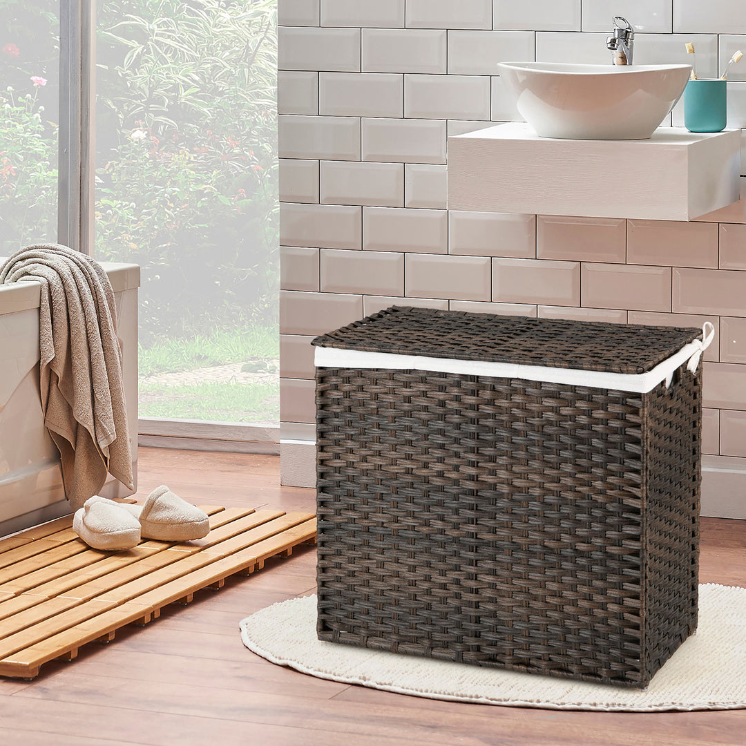 Costway 110L 3-Section Laundry Hamper w/Lid&Handle PE Rattan Clothes Hamper w/Liner Bag - Brown_2