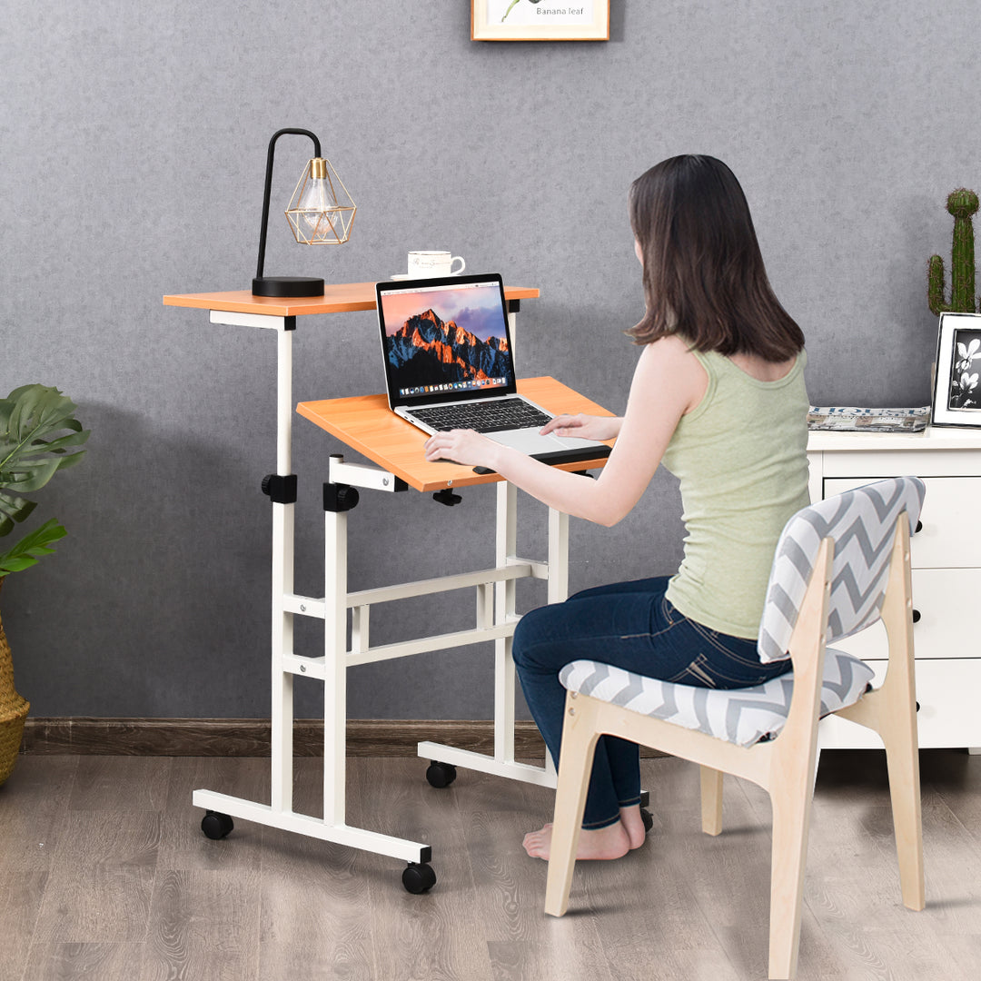 Costway - Mobile Standing Desk Height Adjustable Sit Stand Workstation Stand Up Desk 2in1 - White/Natural_3