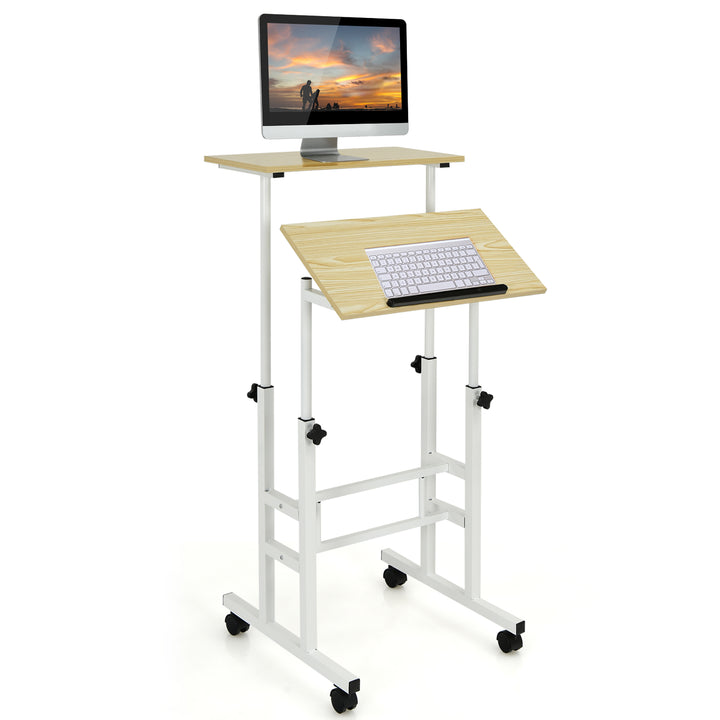 Costway - Mobile Standing Desk Rolling Adjustable Laptop Cart Home Office - Natural_0