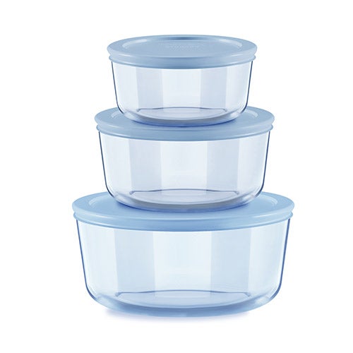 6pc Simply Store Round Tinted Glass Food Storage Set, Blue Lids_0