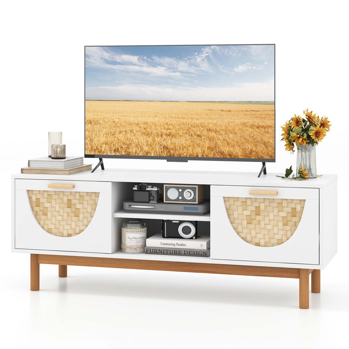 Costway - TV Stand for 55-Inch TVs with 2 Drawers & Bamboo Woven Fronts Solid Wood Legs White - White/Natural_0