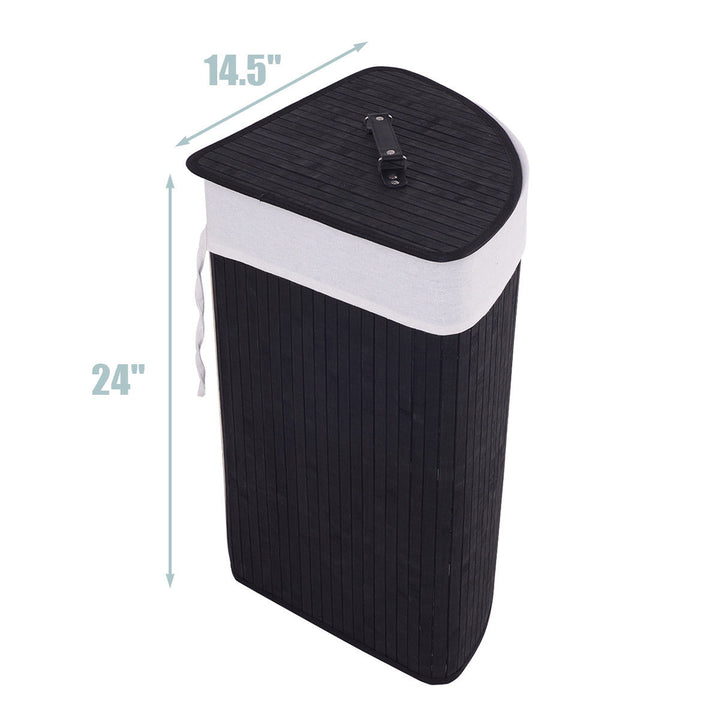 Costway Corner Bamboo Hamper Laundry Basket Washing Cloth Bin Storage Bag Lid Black - Black_2