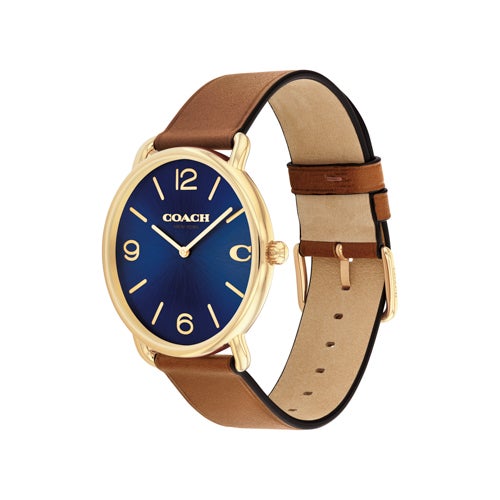 Mens' Elliot Gold & Brown Leather Strap Watch, Navy Dial_0