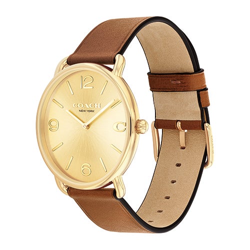 Mens' Elliot Gold & Brown Leather Strap Watch, Gold Dial_0