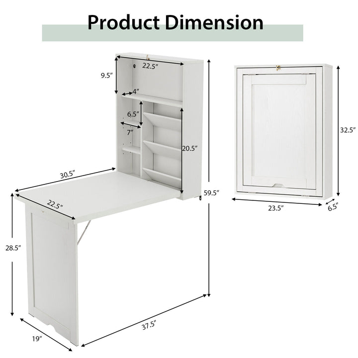 Costway - Wall Mounted Computer Convertible Desk Floating Desk with Storage Bookcases - White_2