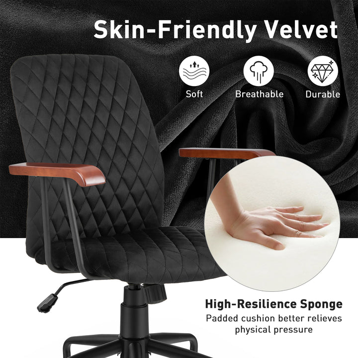 Costway - Velvet Home Office Chair Swivel Adjustable Task Chair with Wooden Armrest - Black_4