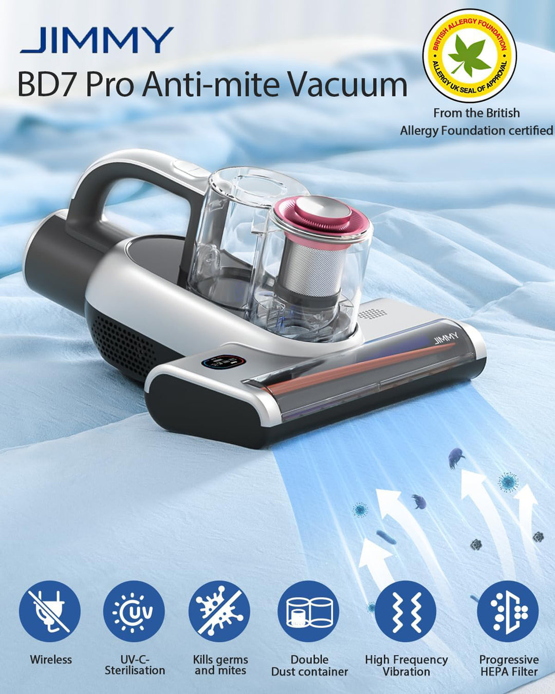 JIMMY - BD7 Pro Cordless Mattress Bed Vacuum Cleaner with Dust Sensor, UV Light, Ultrasonic Tech, 250W Handheld Vacuums - Gray_6