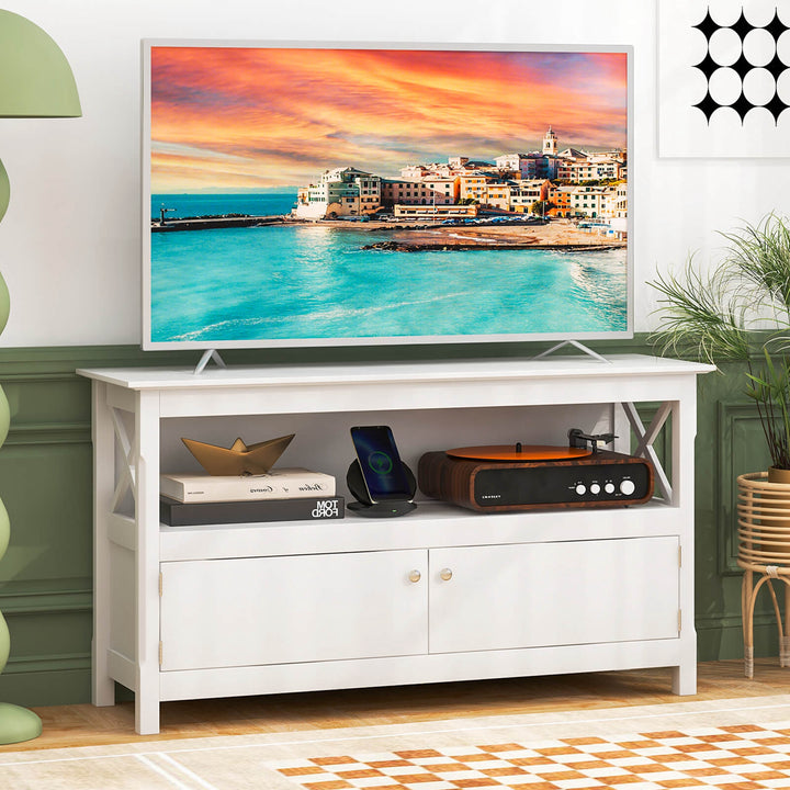 Costway - TV Cabinet Freestanding Wooden Console Media Entertainment Center Living Room - White_3