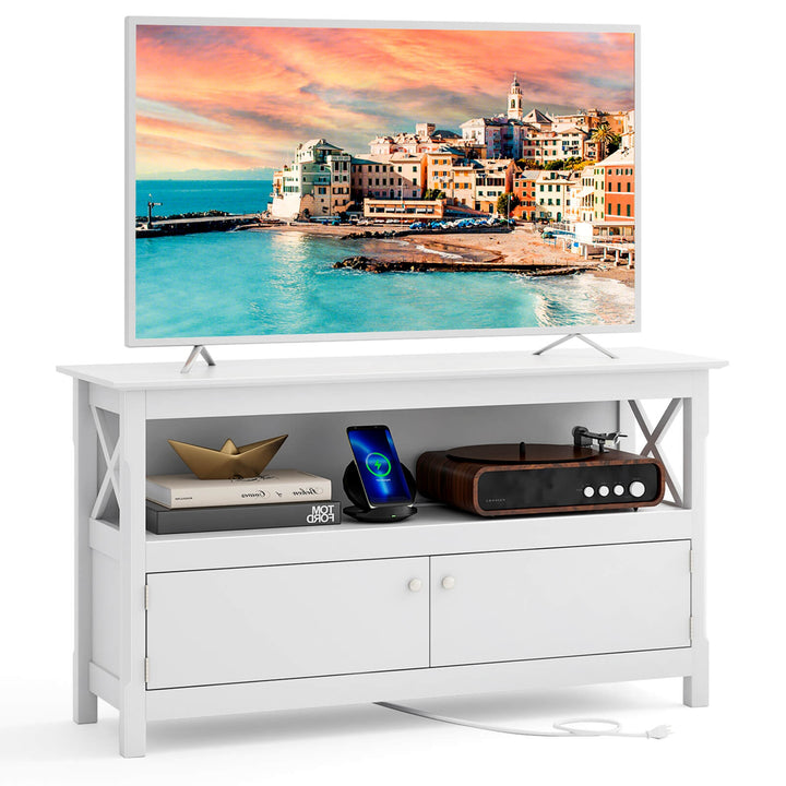 Costway - TV Cabinet Freestanding Wooden Console Media Entertainment Center Living Room - White_0