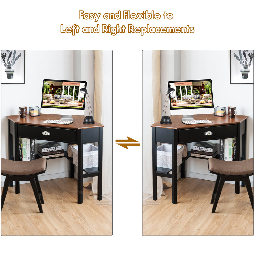 Costway - Triangle Computer Desk Corner Office Desk Laptop Table with Drawer Shelves - Rustic Coffee/Black_6