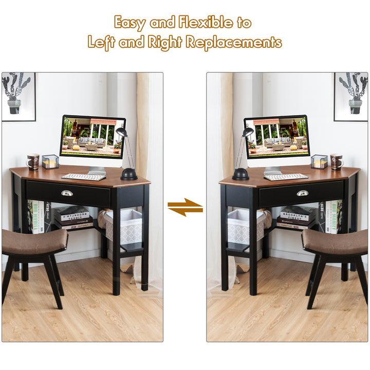 Costway - Triangle Computer Desk Corner Office Desk Laptop Table with Drawer Shelves - Rustic Coffee/Black_6