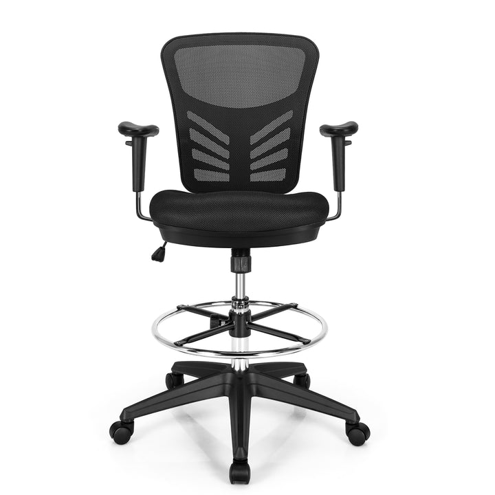 Costway - Mesh Drafting Chair Office Chair with Adjustable Armrests and Foot-Ring - Black_9