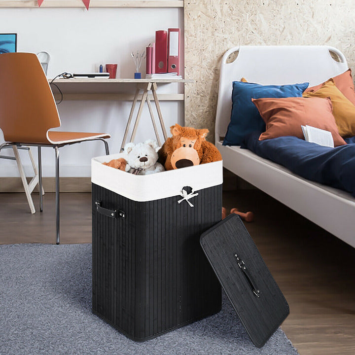 Costway Rectangle Bamboo Hamper Laundry Basket Washing Cloth Bin Rangier Lid Black - Black/White_3