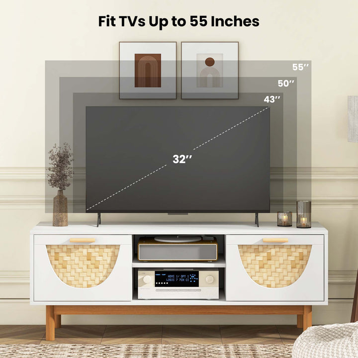 Costway - TV Stand for 55-Inch TVs with 2 Drawers & Bamboo Woven Fronts Solid Wood Legs White - White/Natural_8