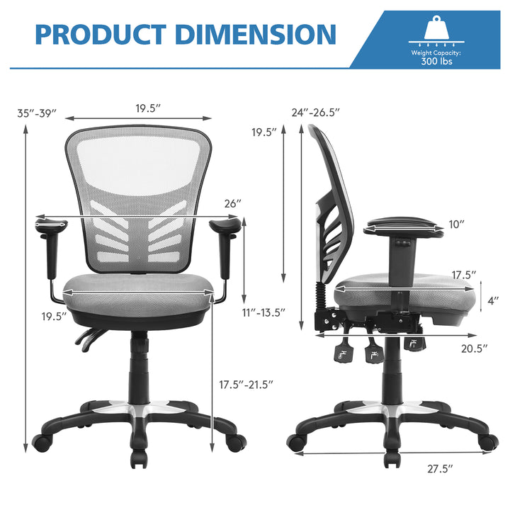 Costway - Mesh Office Chair 3-Paddle Computer Desk Chair with Adjustable Seat - Gray_2