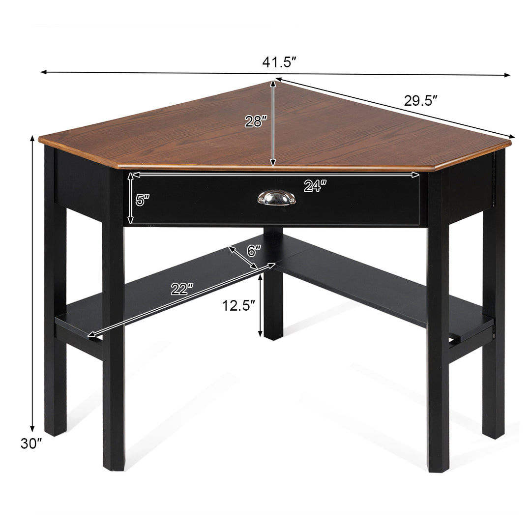 Costway - Triangle Computer Desk Corner Office Desk Laptop Table with Drawer Shelves - Rustic Coffee/Black_2