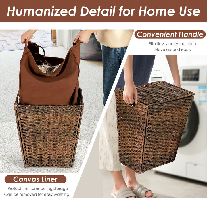 Costway Handwoven Laundry Hamper Foldable w/Removable Liner, Lid & Handles Brown - Brown_8