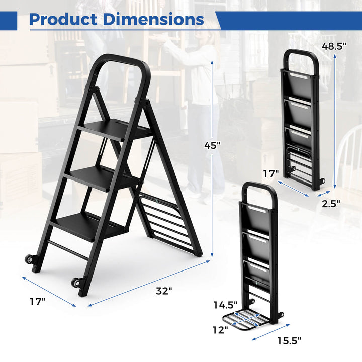 Costway - 2-in-1 Ladder and Hand Truck Combo Collapsible 3-Step Ladder with Wheels - Black_3