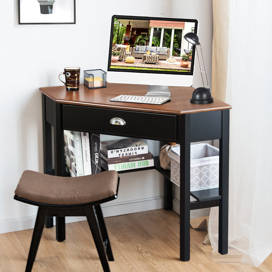 Costway - Triangle Computer Desk Corner Office Desk Laptop Table with Drawer Shelves - Rustic Coffee/Black_3