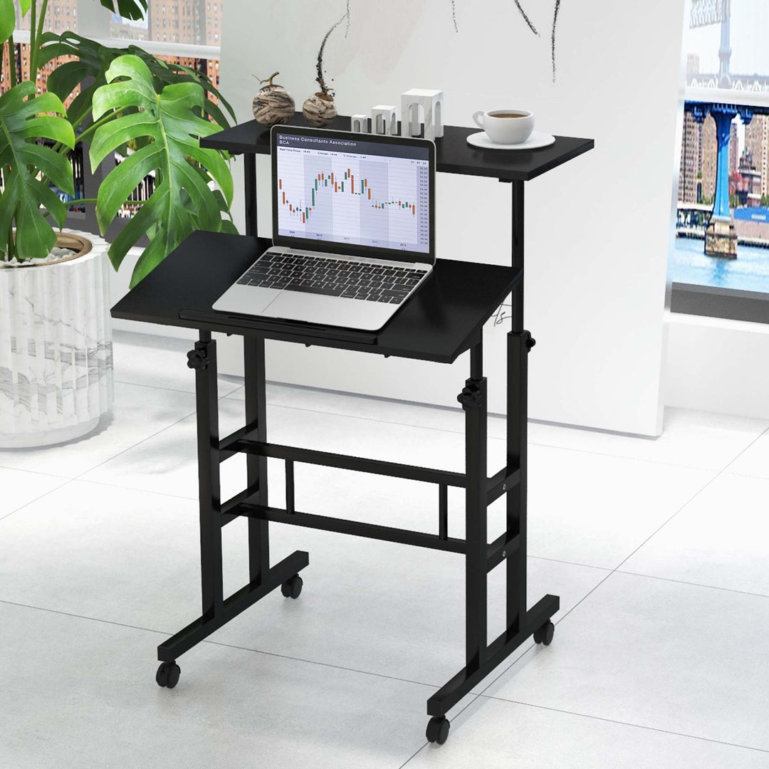 Costway - Mobile Standing Desk Rolling Adjustable Laptop Cart Home Office - Black_3