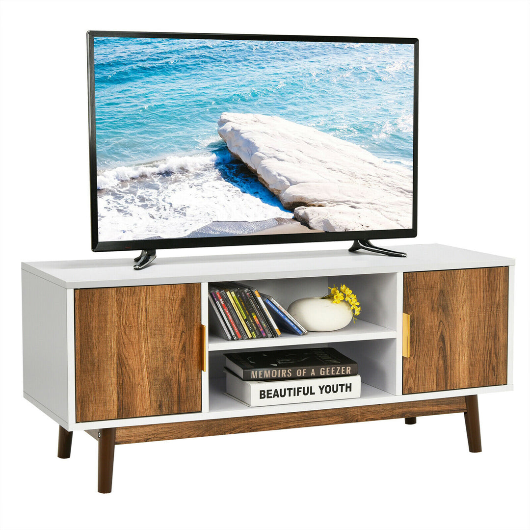 Costway - TV Stand Entertainment Media Console w/2 Storage Cabinets & Open Shelves - White/Rustic Oak_0