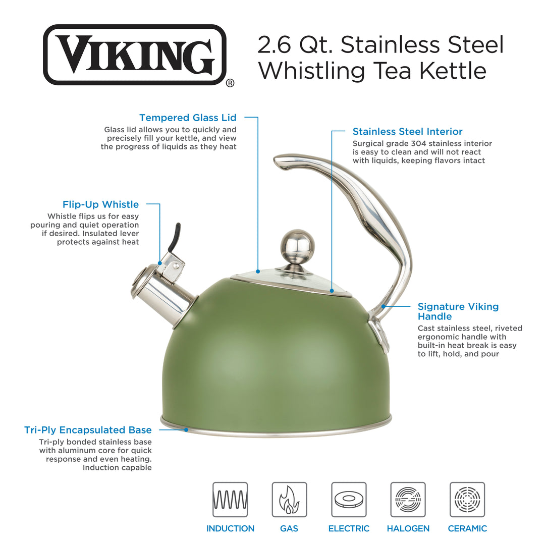 Viking 2.6 Quart Whistling Tea Kettle with 3-Ply Base, Cypress Green - Cypress Greeen_4