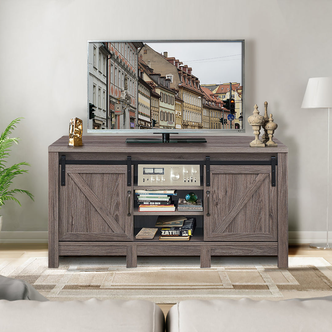 Costway - TV Stand Sliding Barn Door Entertainment Center for TV's up to 55'' with Storage - Deep Taupe_3