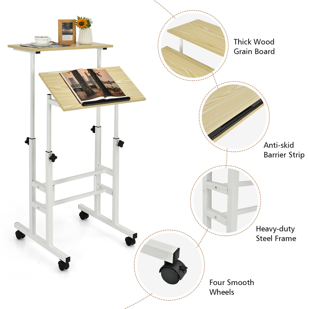 Costway - Mobile Standing Desk Rolling Adjustable Laptop Cart Home Office - Natural_8