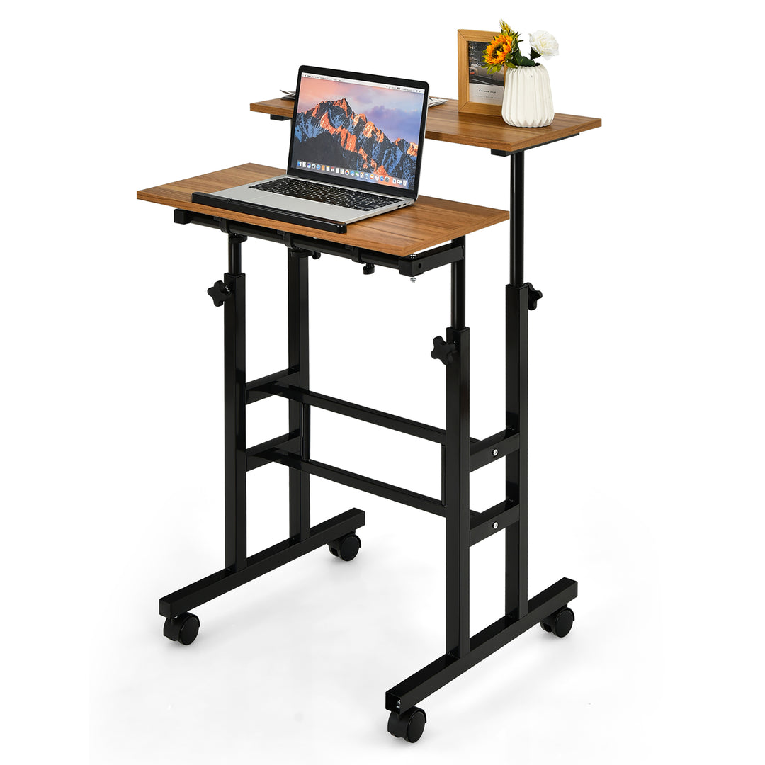 Costway - Mobile Standing Desk Rolling Adjustable Laptop Cart Home Office - Walnut_9