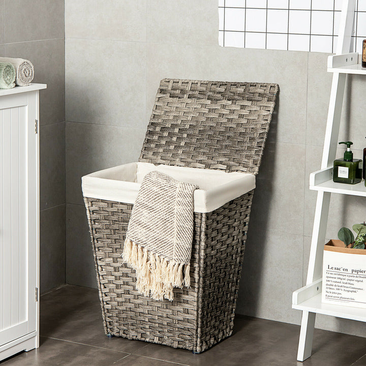 Costway Handwoven Laundry Hamper Foldable w/Removable Liner, Lid & Handles Grey - Grey_1