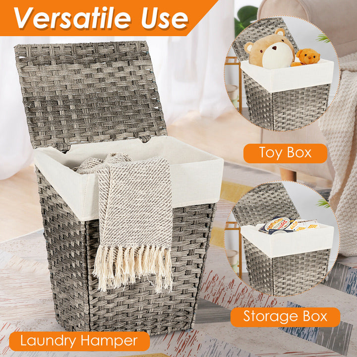 Costway Handwoven Laundry Hamper Foldable w/Removable Liner, Lid & Handles Grey - Grey_6