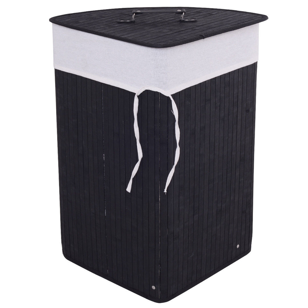 Costway Corner Bamboo Hamper Laundry Basket Washing Cloth Bin Storage Bag Lid Black - Black_7